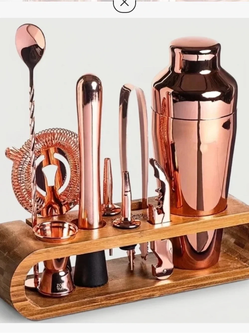 Stainless Steel Bar Tool Set with Bamboo Stand - Rose Gold Cocktail Kit
